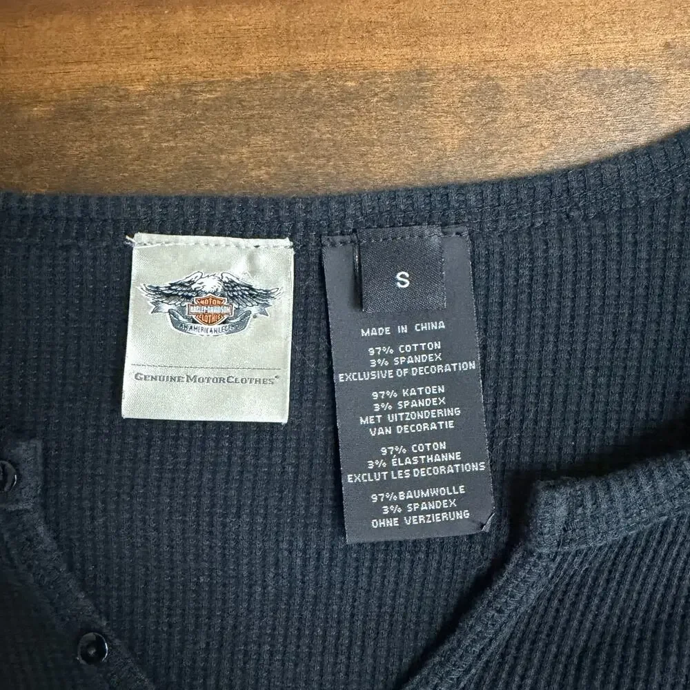 Harley-Davidson Black Thermal Long Sleeve Shirt Y2K Retro Women's Small V neck - Picture 3 of 11
